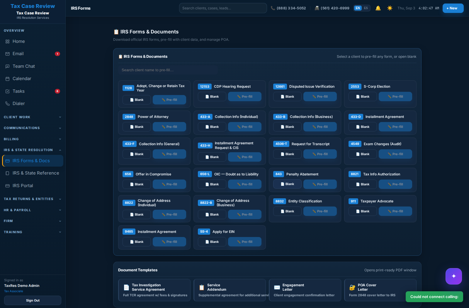 TaxRes CRM IRS and state resolution workflow workspace